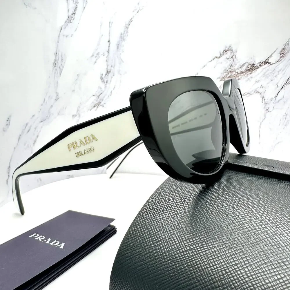 New PRADA Sunglasses Black White Talc Gold Symbole Oval Cat Eye Womens - Picture 6 of 16